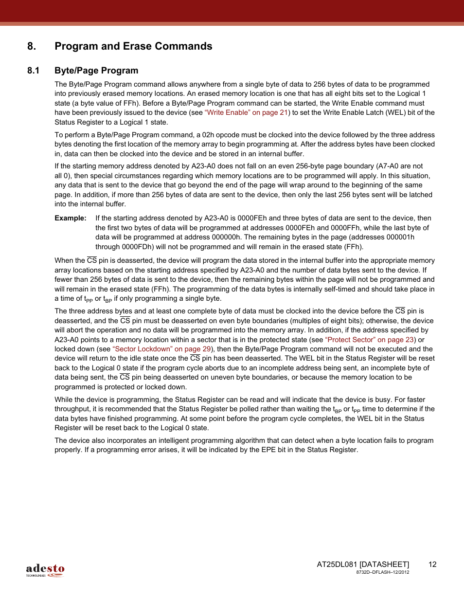 Program and erase commands, 1 byte/page program | Rainbow Electronics AT25DL081 User Manual | Page 12 / 58