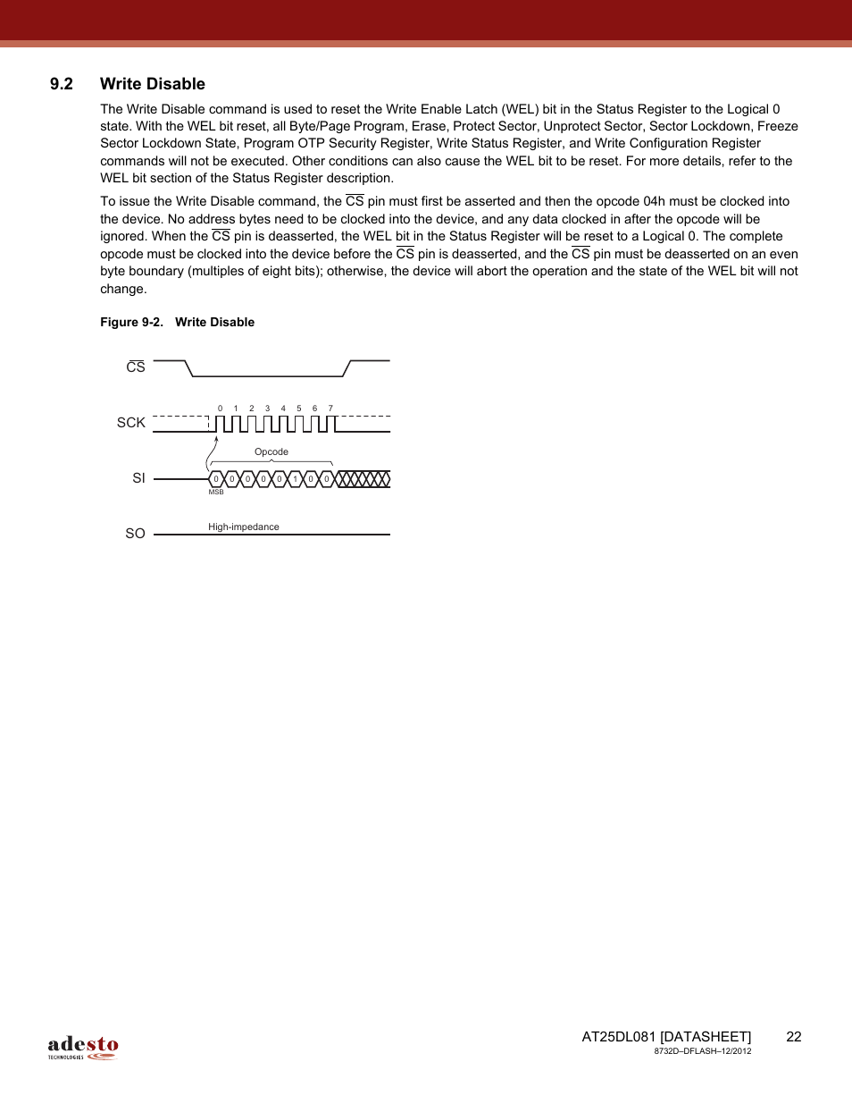 2 write disable, Sck cs si so | Rainbow Electronics AT25DL081 User Manual | Page 22 / 58