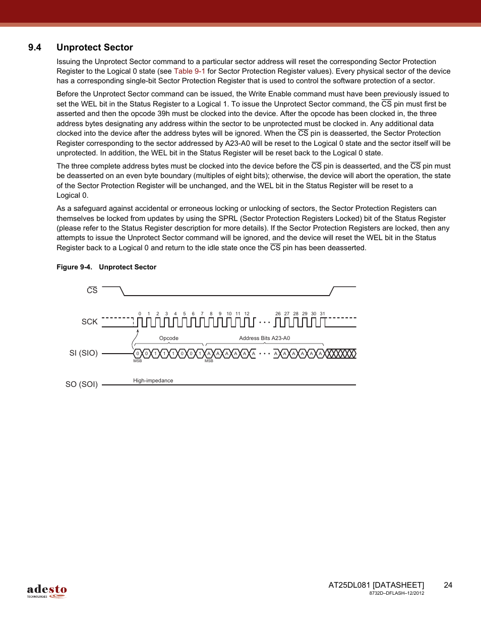 4 unprotect sector, Sck cs si (sio) so (soi) | Rainbow Electronics AT25DL081 User Manual | Page 24 / 58