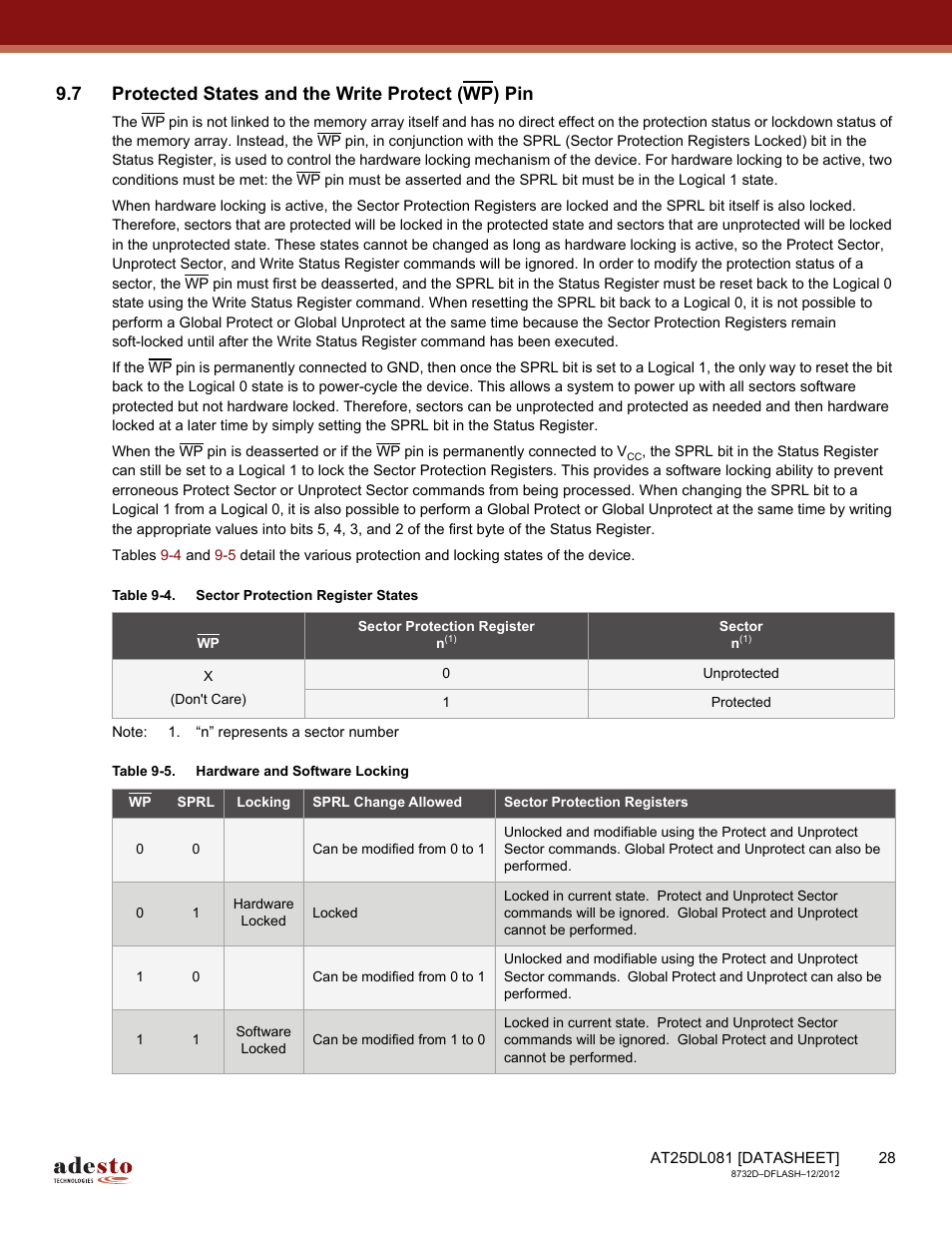 7 protected states and the write protect (wp) pin | Rainbow Electronics AT25DL081 User Manual | Page 28 / 58