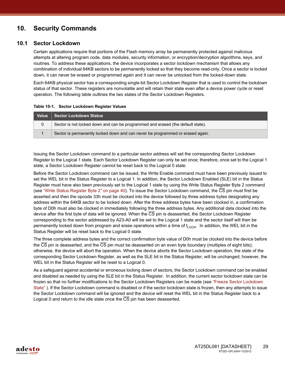 Security commands, 1 sector lockdown | Rainbow Electronics AT25DL081 User Manual | Page 29 / 58
