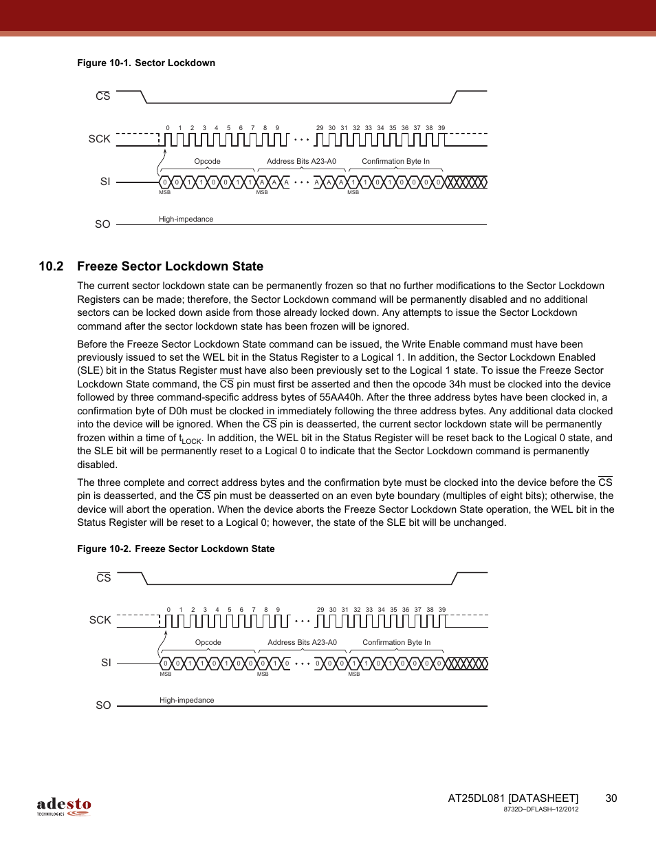2 freeze sector lockdown state, Freeze sector lockdown, State | Sck cs si so, Figure 10-1. sector lockdown | Rainbow Electronics AT25DL081 User Manual | Page 30 / 58