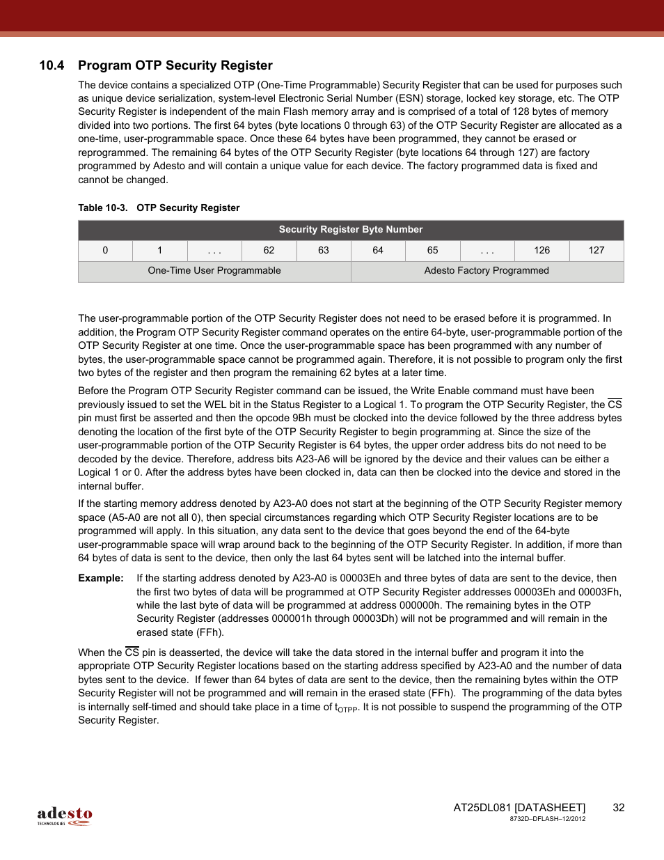 4 program otp security register | Rainbow Electronics AT25DL081 User Manual | Page 32 / 58