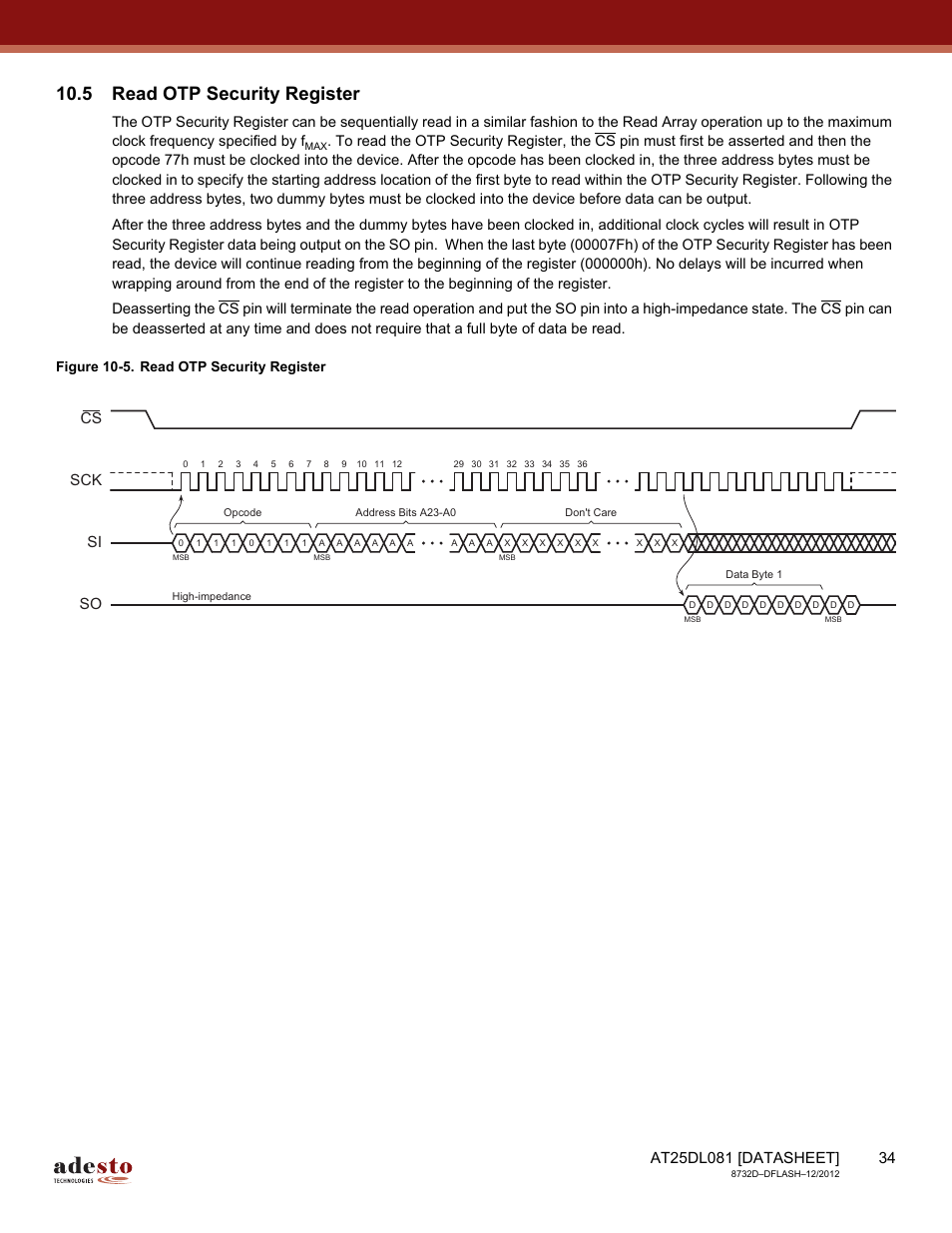5 read otp security register, Sck cs si so | Rainbow Electronics AT25DL081 User Manual | Page 34 / 58