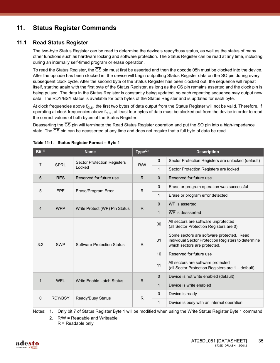 Status register commands, 1 read status register | Rainbow Electronics AT25DL081 User Manual | Page 35 / 58