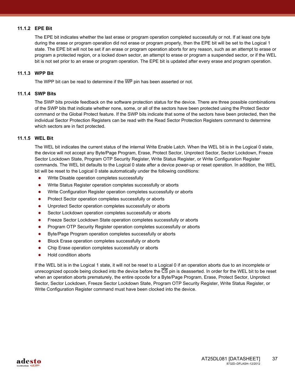 2 epe bit, 3 wpp bit, 4 swp bits | 5 wel bit | Rainbow Electronics AT25DL081 User Manual | Page 37 / 58