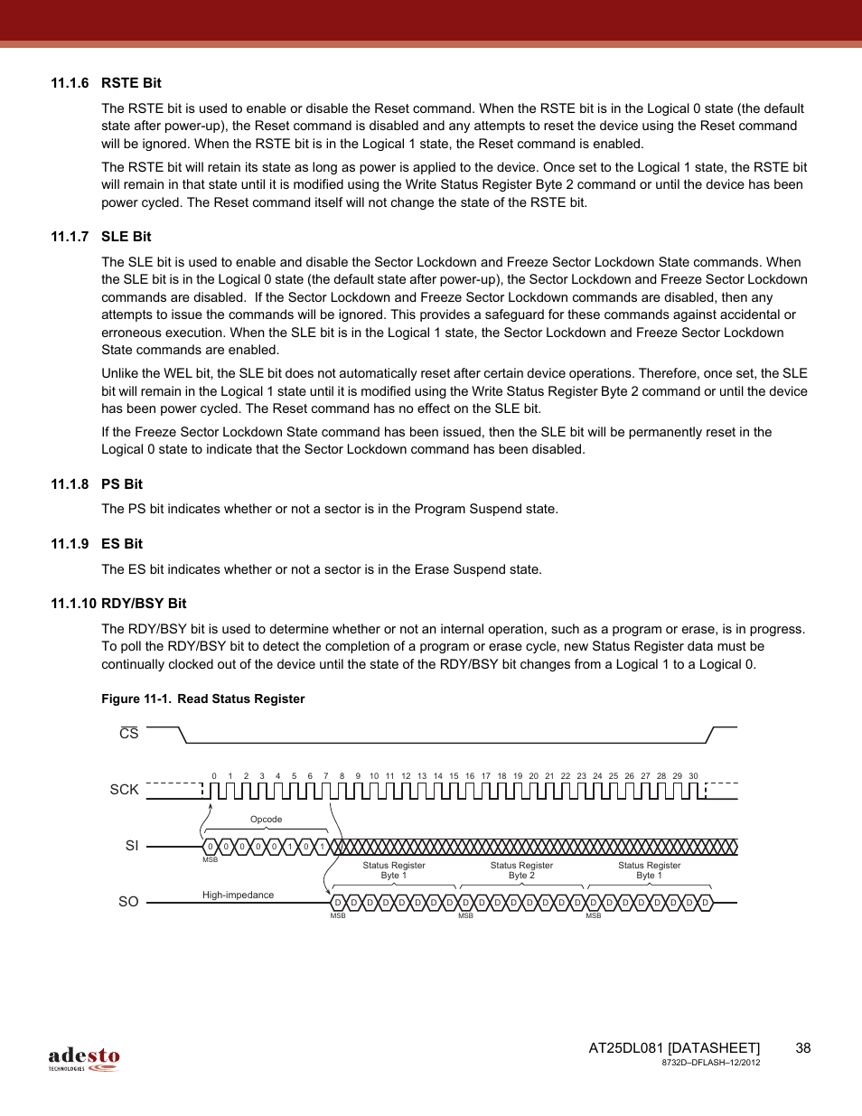 6 rste bit, 7 sle bit, 8 ps bit | 9 es bit, 10 rdy/bsy bit, Sck cs si so | Rainbow Electronics AT25DL081 User Manual | Page 38 / 58