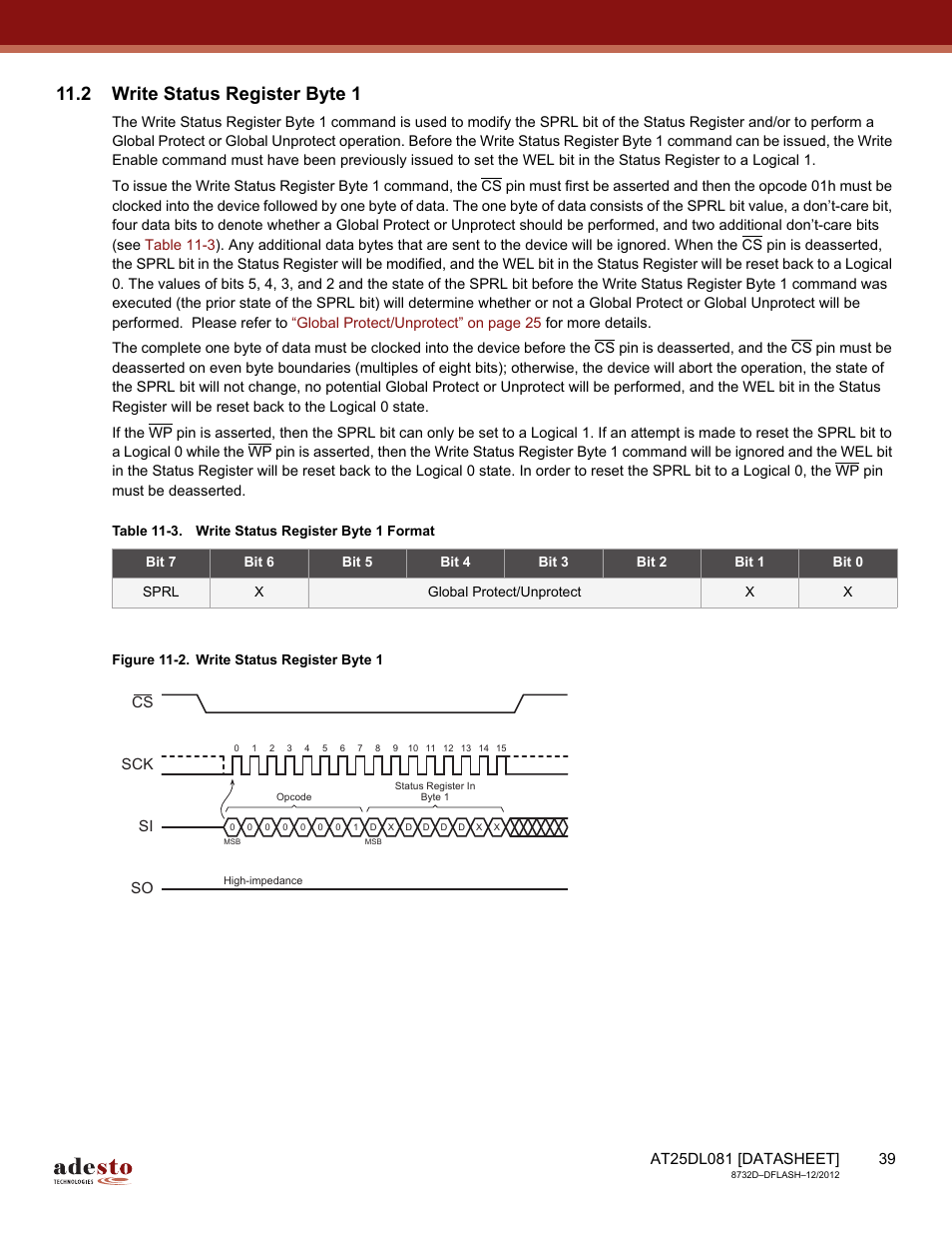 2 write status register byte 1, Sck cs si so | Rainbow Electronics AT25DL081 User Manual | Page 39 / 58