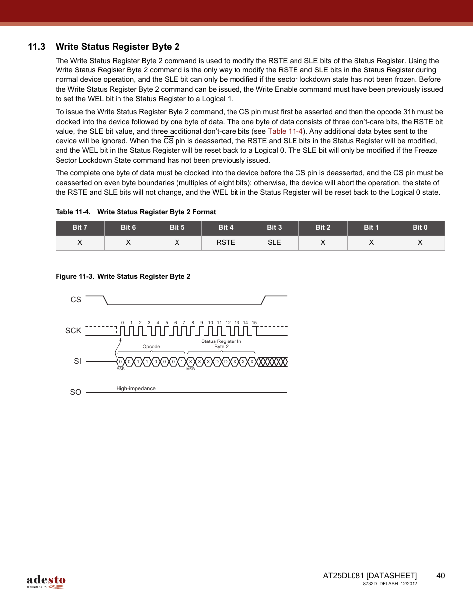 3 write status register byte 2, Sck cs si so | Rainbow Electronics AT25DL081 User Manual | Page 40 / 58