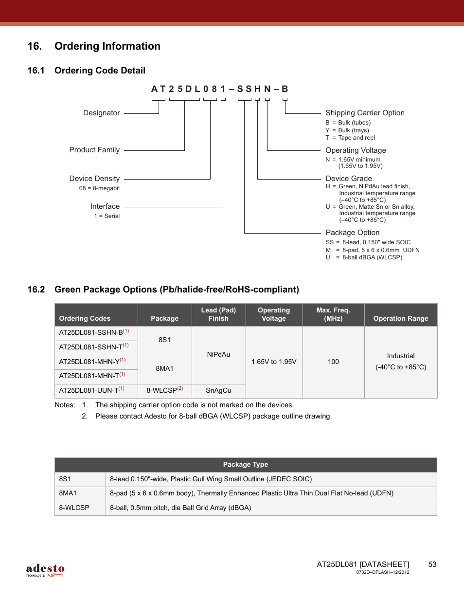 Ordering information, 1 ordering code detail | Rainbow Electronics AT25DL081 User Manual | Page 53 / 58