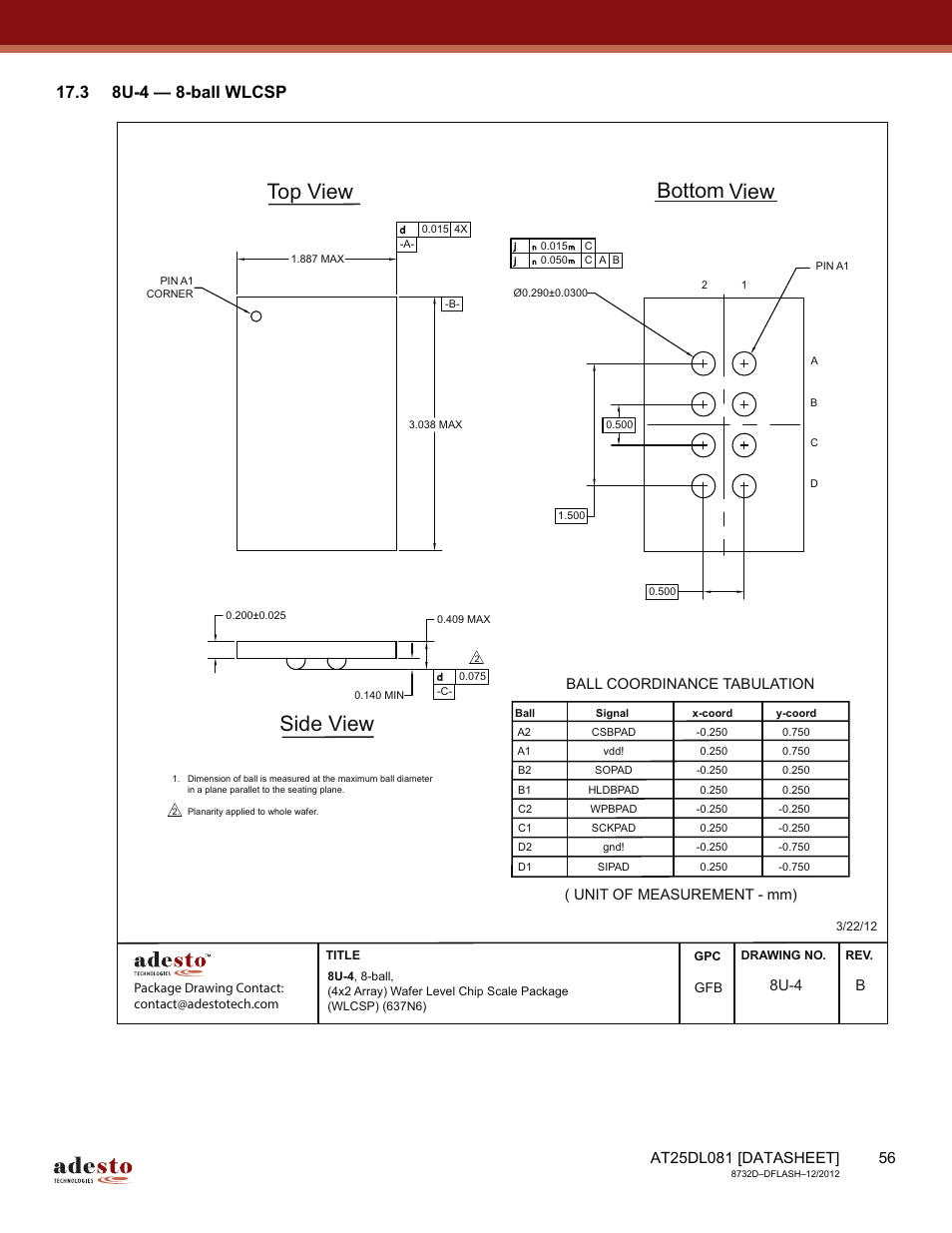 3 8u-4 — 8-ball wlcsp, Top view side view bottom view, 8u-4 b | Rainbow Electronics AT25DL081 User Manual | Page 56 / 58