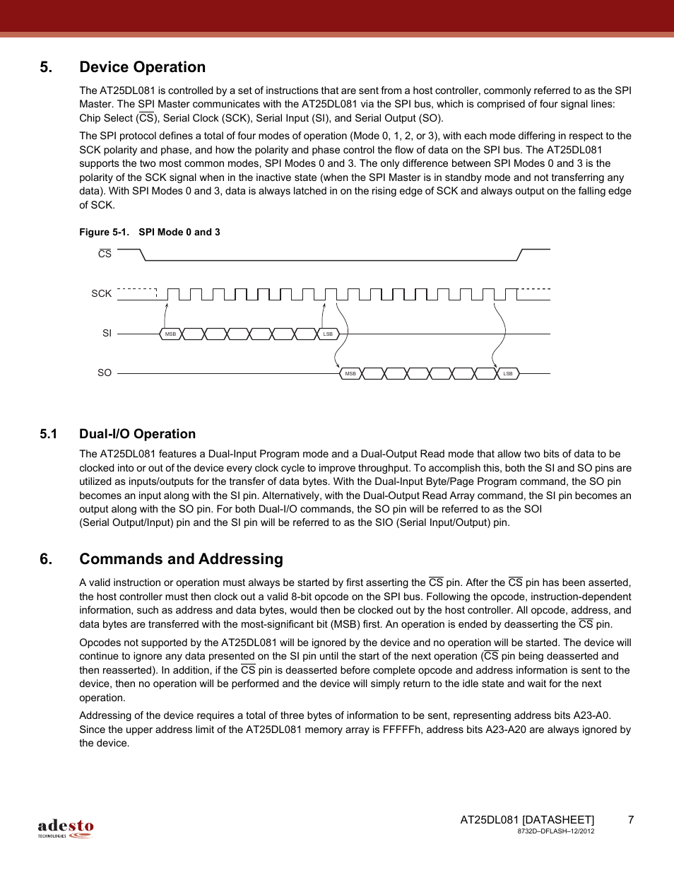 Device operation, 1 dual-i/o operation, Commands and addressing | Rainbow Electronics AT25DL081 User Manual | Page 7 / 58