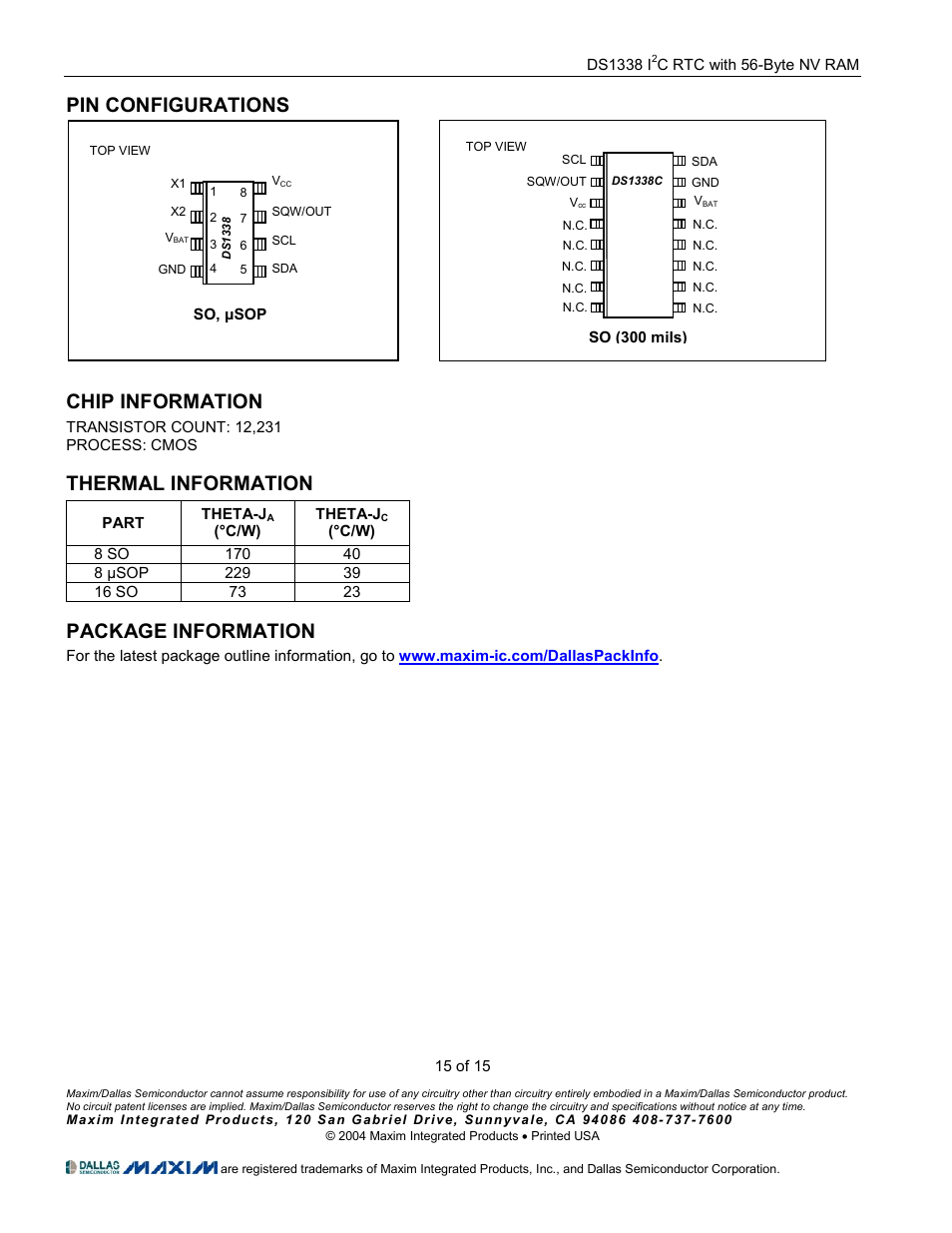 Pin configurations, Chip information, Thermal information | Package information | Rainbow Electronics DS1338 User Manual | Page 15 / 15