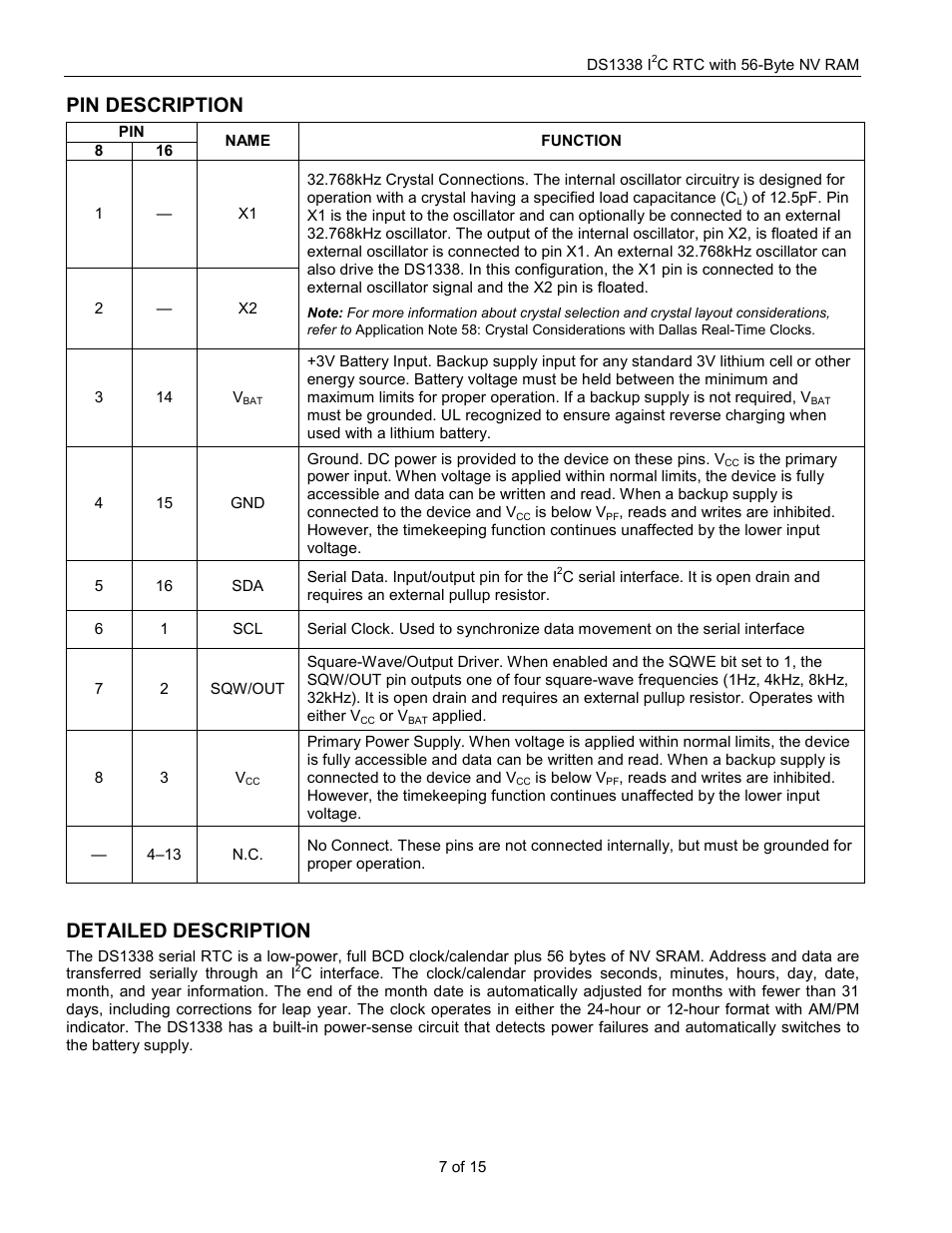 Pin description, Detailed description | Rainbow Electronics DS1338 User Manual | Page 7 / 15