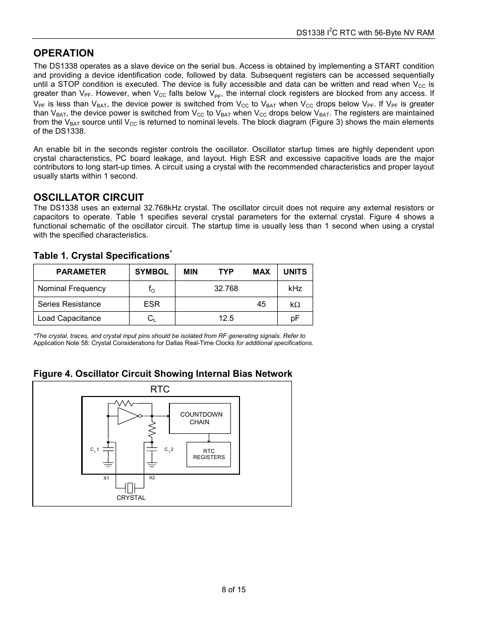Operation, Oscillator circuit, Table 1. crystal specifications | Rainbow Electronics DS1338 User Manual | Page 8 / 15