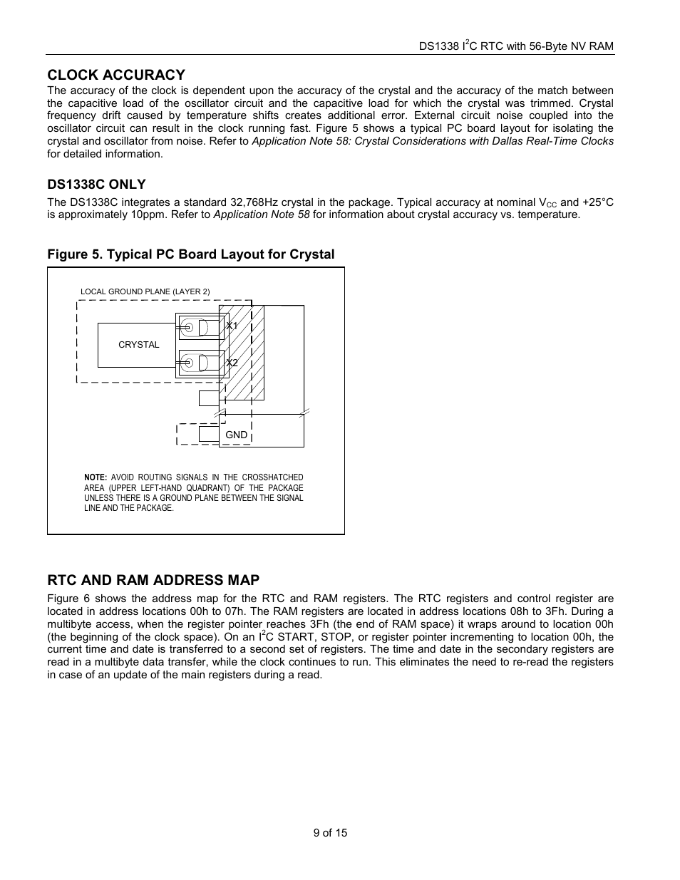 Clock accuracy, Rtc and ram address map, Ds1338c only | Figure 5. typical pc board layout for crystal | Rainbow Electronics DS1338 User Manual | Page 9 / 15