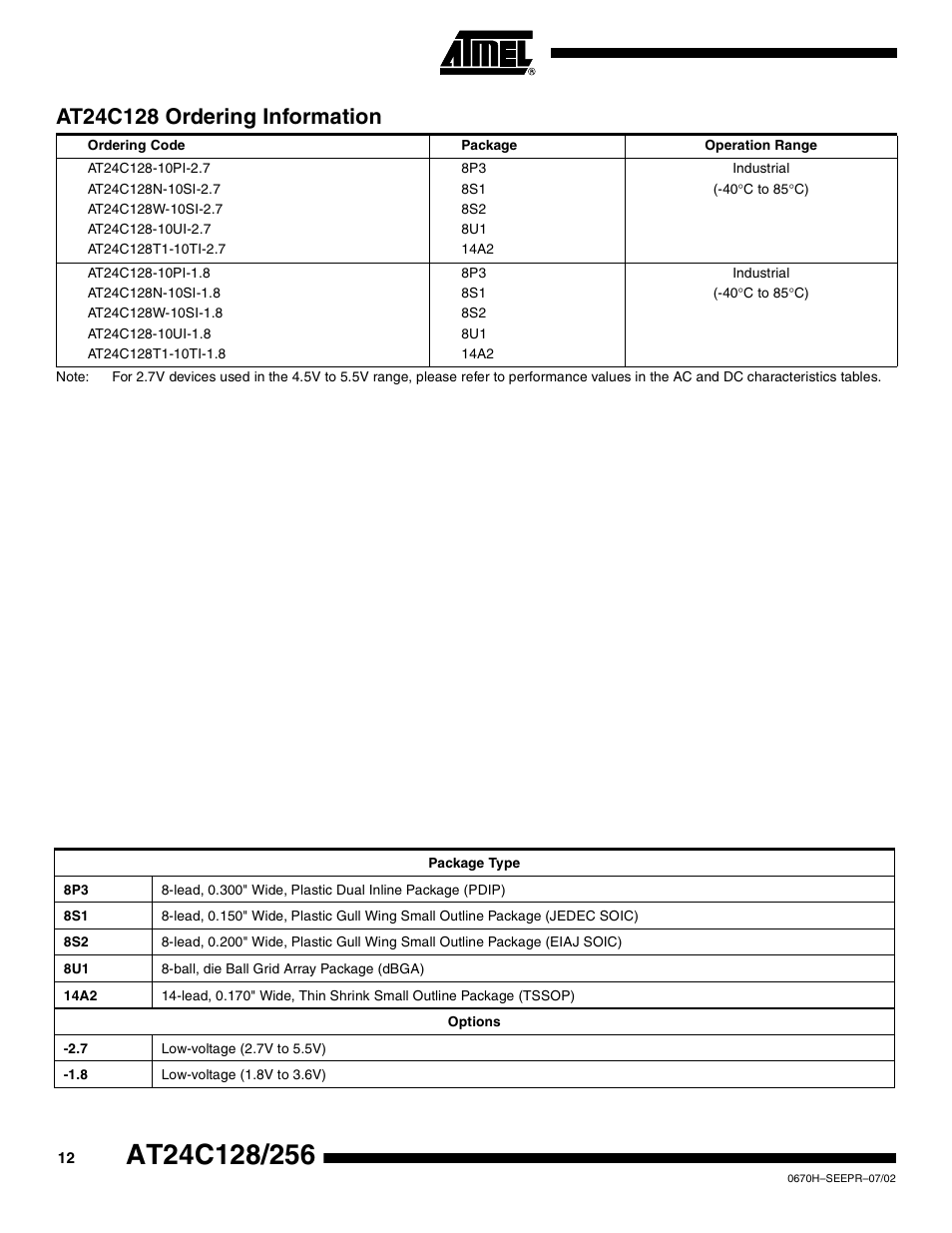 At24c128 ordering information | Rainbow Electronics AT24C128 User Manual | Page 12 / 21