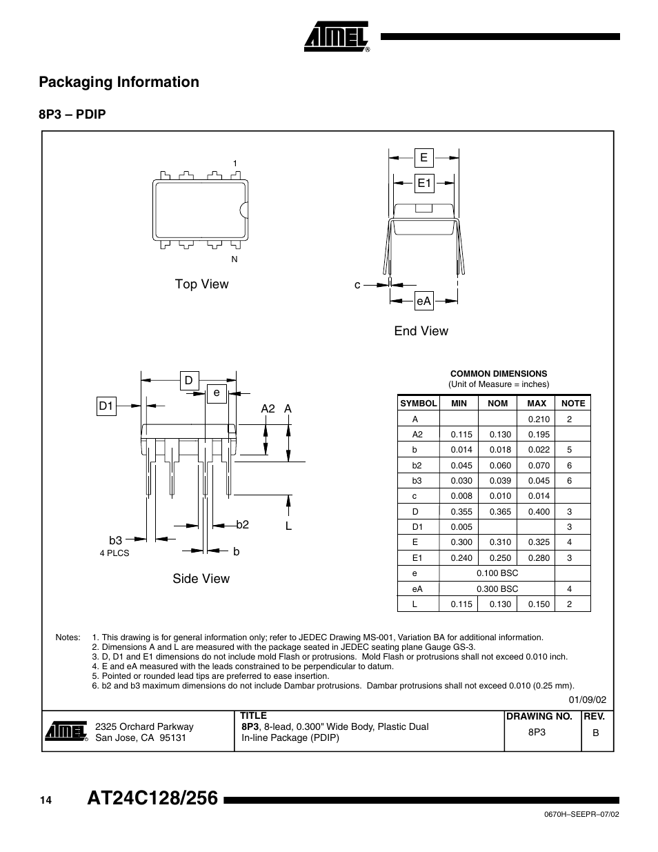 Packaging information, 8p3 – pdip, Top view side view end view | Rainbow Electronics AT24C128 User Manual | Page 14 / 21