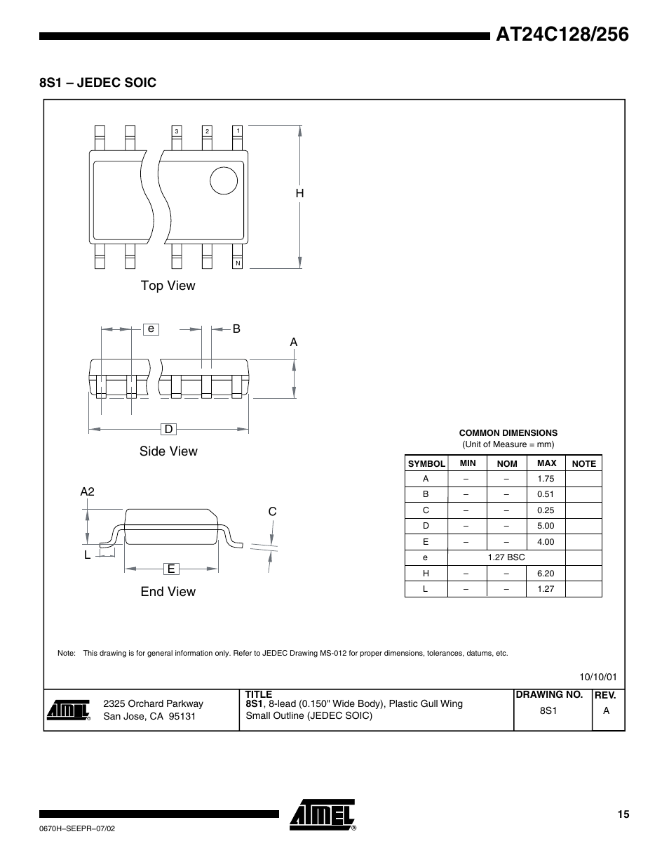 8s1 – jedec soic, Top view, End view | Side view | Rainbow Electronics AT24C128 User Manual | Page 15 / 21