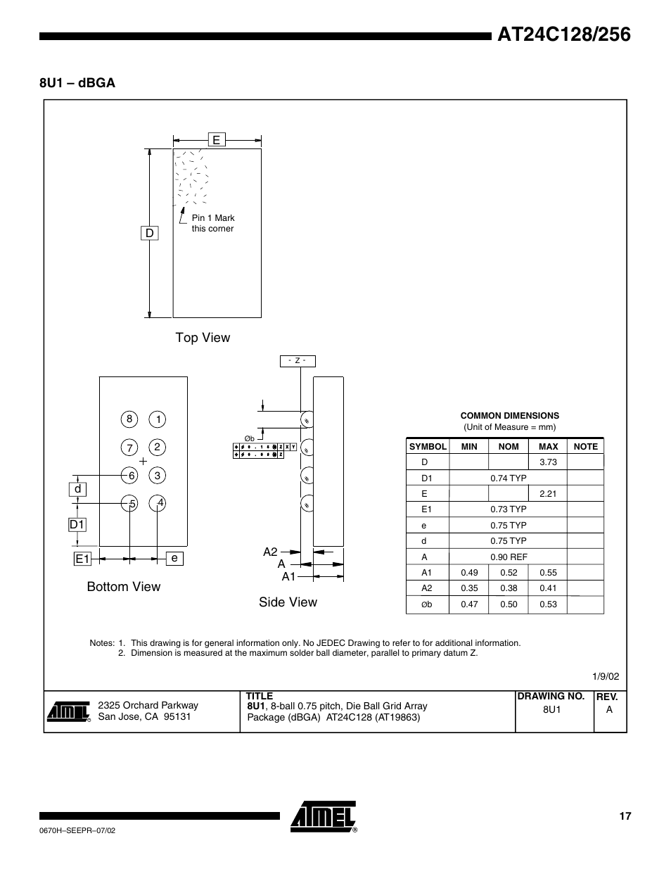 8u1 – dbga, Bottom view side view top view, De a2 a | E1 d1 a1 | Rainbow Electronics AT24C128 User Manual | Page 17 / 21