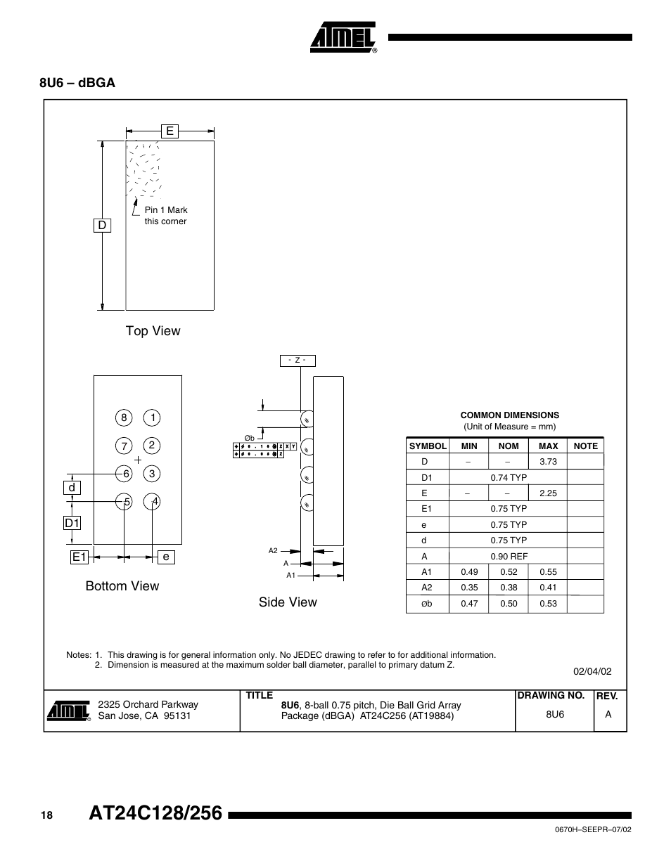 8u6 – dbga, Top view side view bottom view, De d e | E1 d1 | Rainbow Electronics AT24C128 User Manual | Page 18 / 21