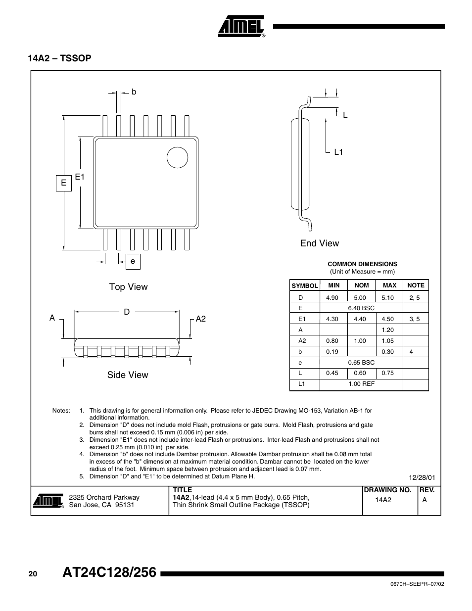 14a2 – tssop, Top view side view end view | Rainbow Electronics AT24C128 User Manual | Page 20 / 21