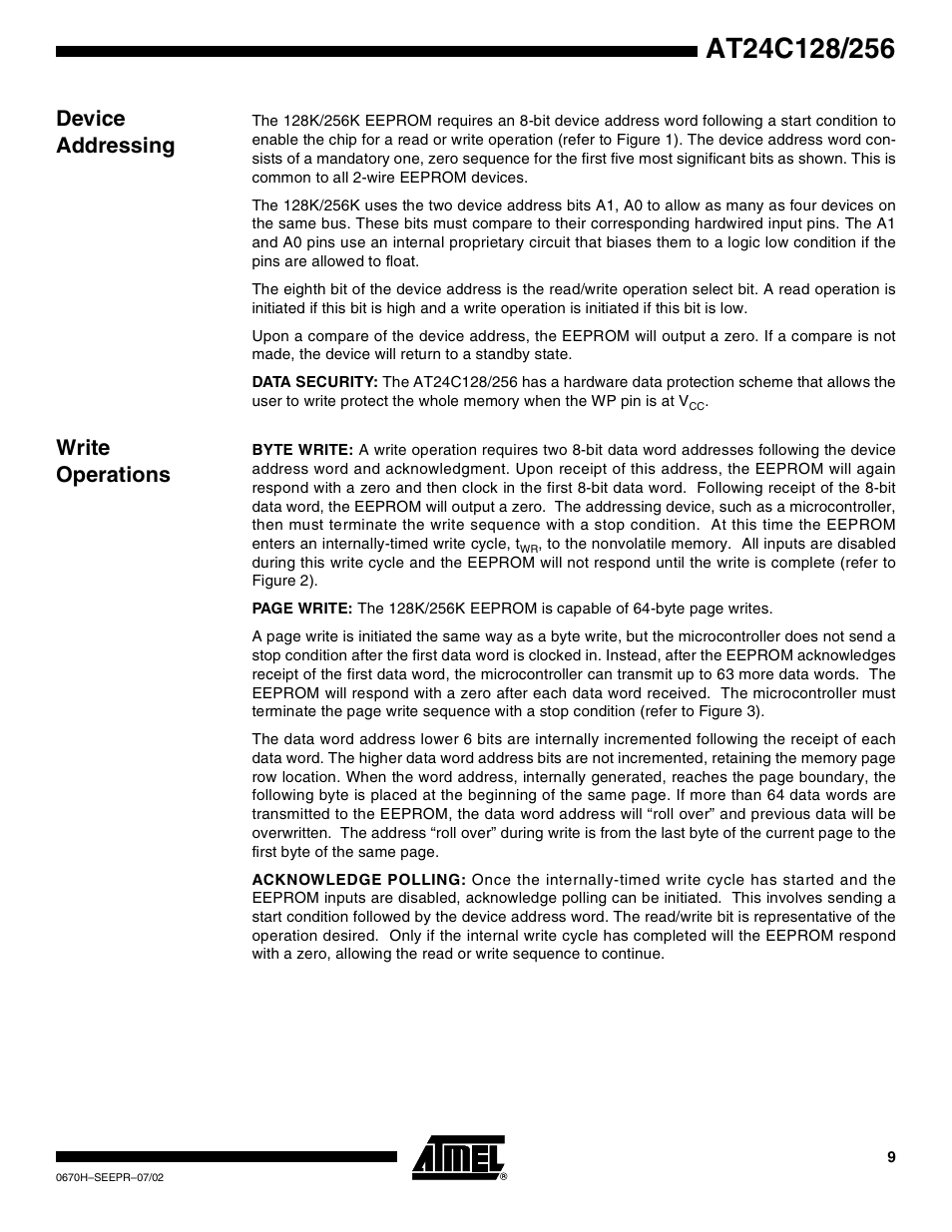 Device addressing, Write operations | Rainbow Electronics AT24C128 User Manual | Page 9 / 21