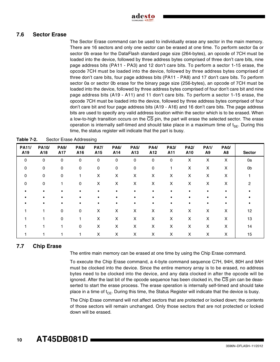 6 sector erase, 7 chip erase | Rainbow Electronics AT45DB081D User Manual | Page 10 / 53