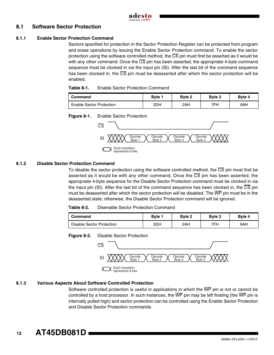 1 software sector protection, 1 enable sector protection command, 2 disable sector protection command | Rainbow Electronics AT45DB081D User Manual | Page 12 / 53