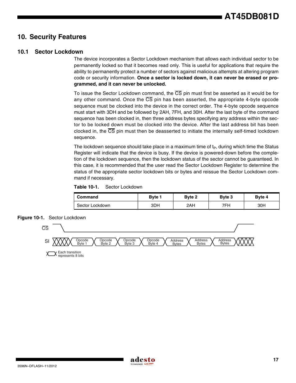 Security features, 1 sector lockdown | Rainbow Electronics AT45DB081D User Manual | Page 17 / 53