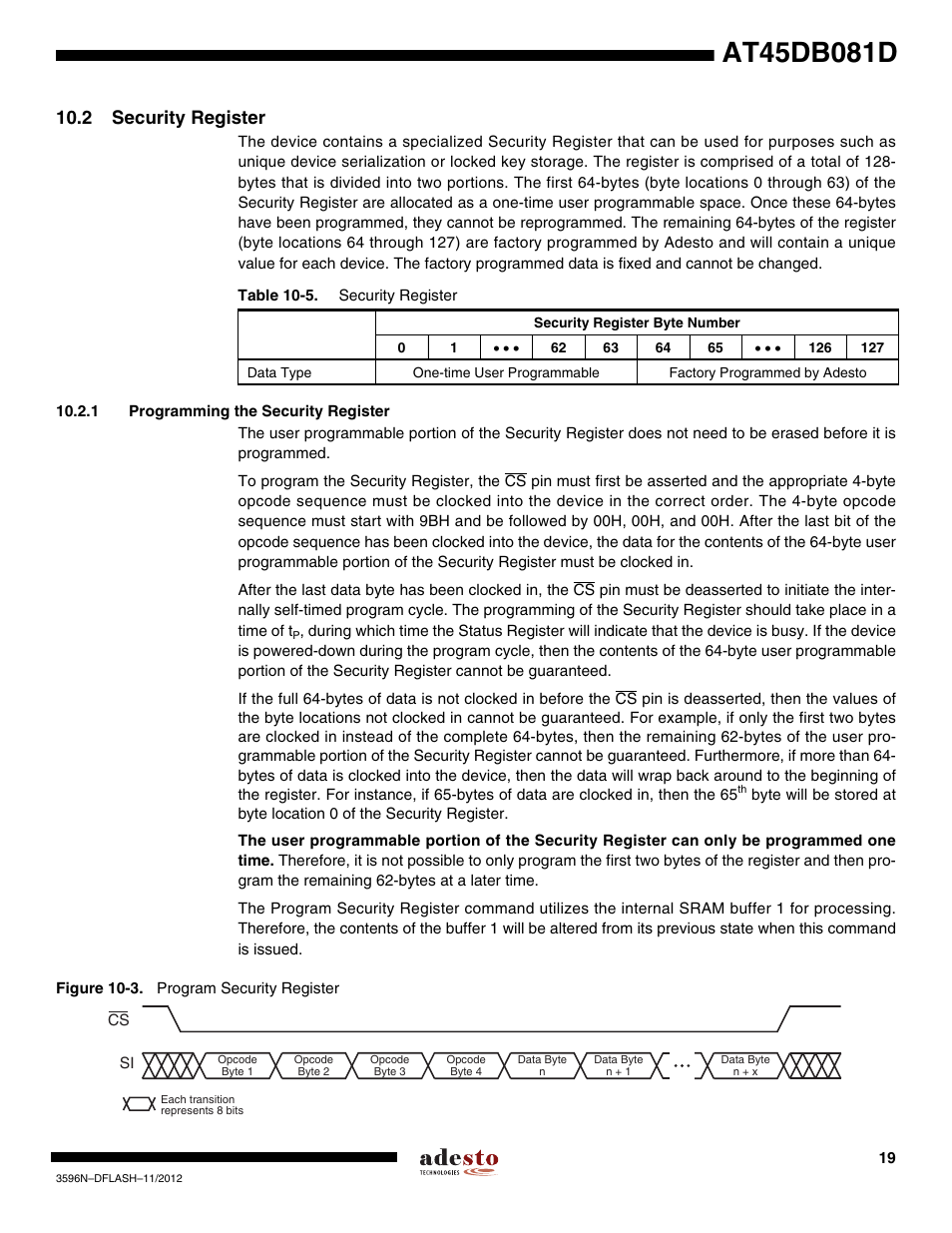2 security register, 1 programming the security register | Rainbow Electronics AT45DB081D User Manual | Page 19 / 53
