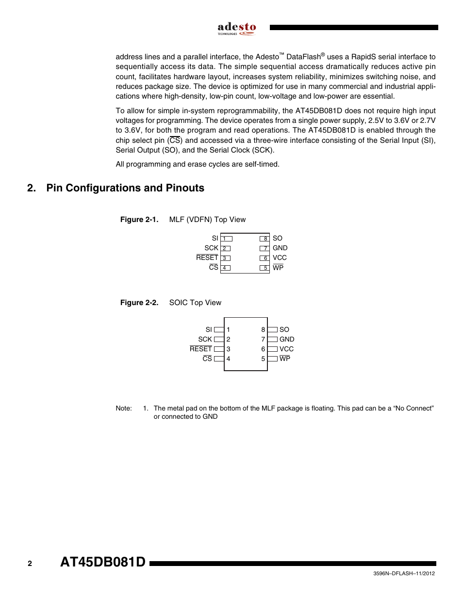 Pin configurations and pinouts | Rainbow Electronics AT45DB081D User Manual | Page 2 / 53