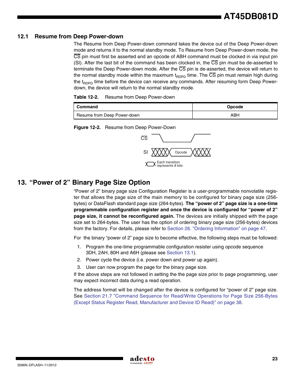 1 resume from deep power-down, “power of 2” binary page size option | Rainbow Electronics AT45DB081D User Manual | Page 23 / 53