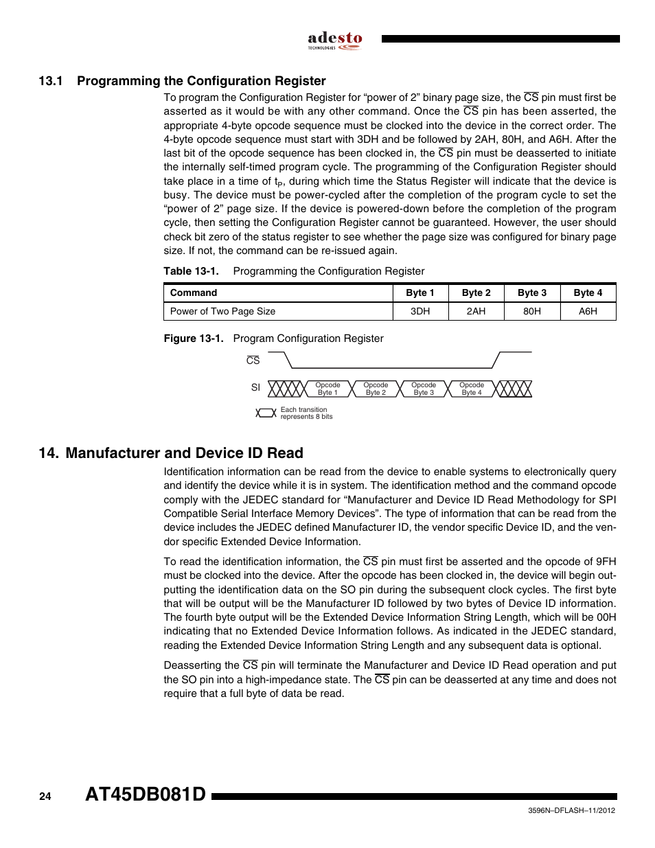 1 programming the configuration register, Manufacturer and device id read, Section 13.1 | Rainbow Electronics AT45DB081D User Manual | Page 24 / 53