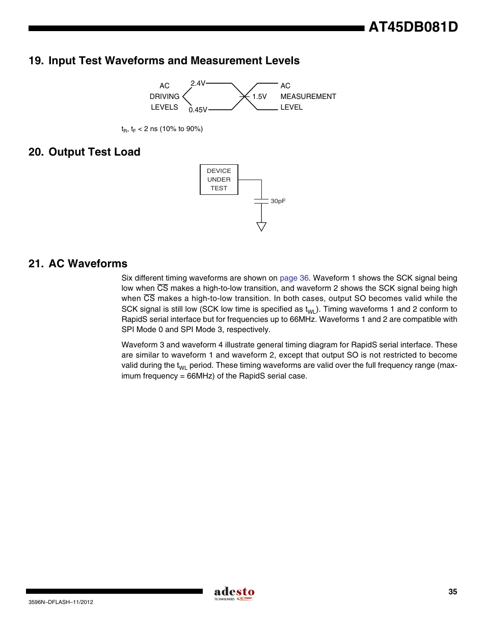Input test waveforms and measurement levels, Output test load, Ac waveforms | Output test load 21. ac waveforms | Rainbow Electronics AT45DB081D User Manual | Page 35 / 53