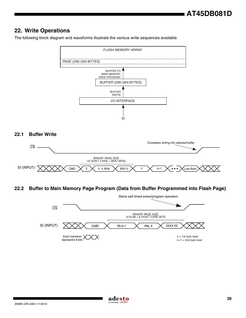 Write operations, 1 buffer write | Rainbow Electronics AT45DB081D User Manual | Page 39 / 53