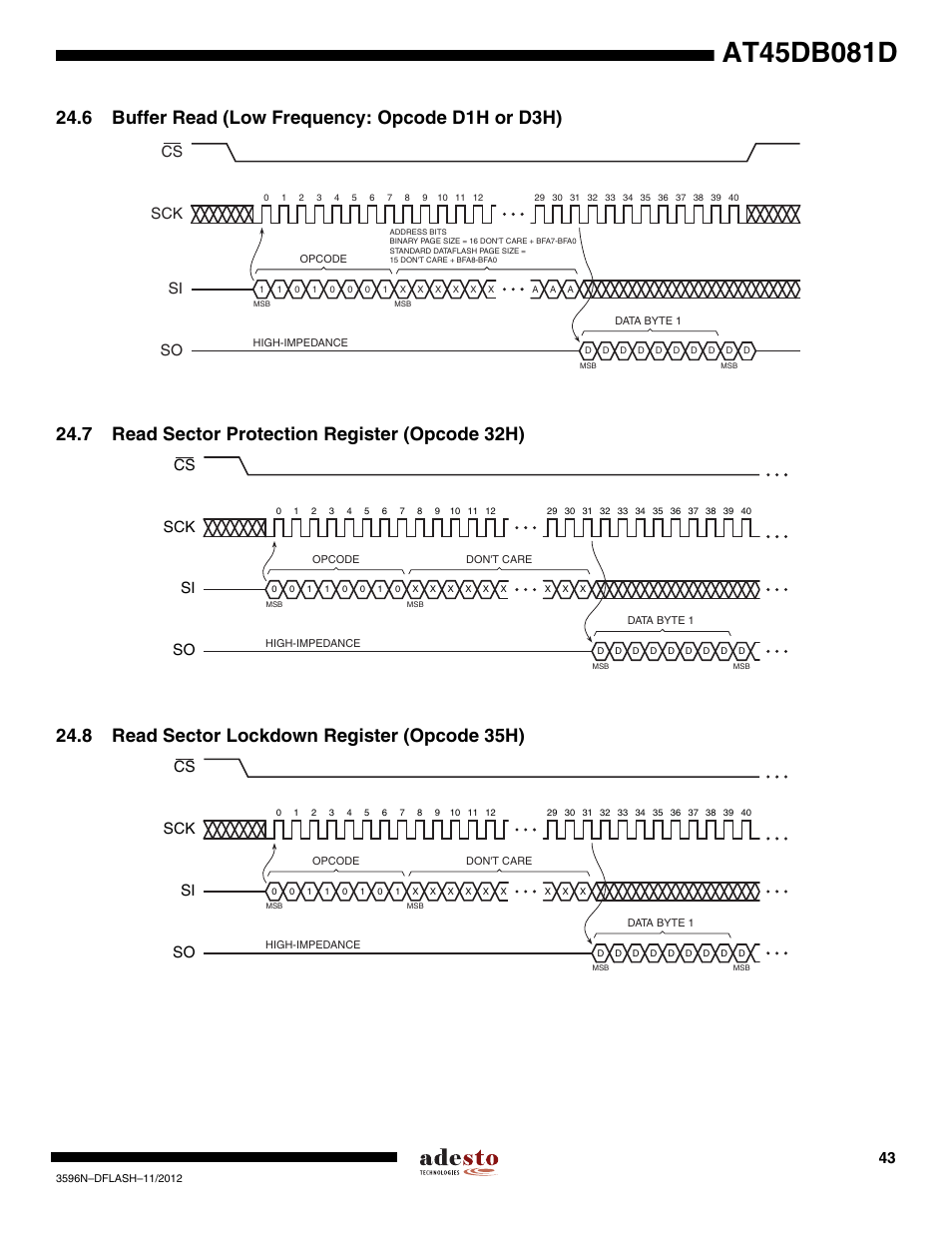 6 buffer read (low frequency: opcode d1h or d3h), 7 read sector protection register (opcode 32h), 8 read sector lockdown register (opcode 35h) | Sck cs si so | Rainbow Electronics AT45DB081D User Manual | Page 43 / 53