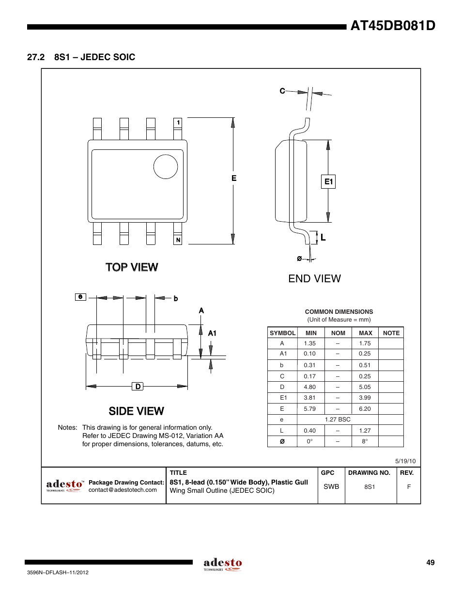 2 8s1 – jedec soic, Top view, End view | Side view | Rainbow Electronics AT45DB081D User Manual | Page 49 / 53