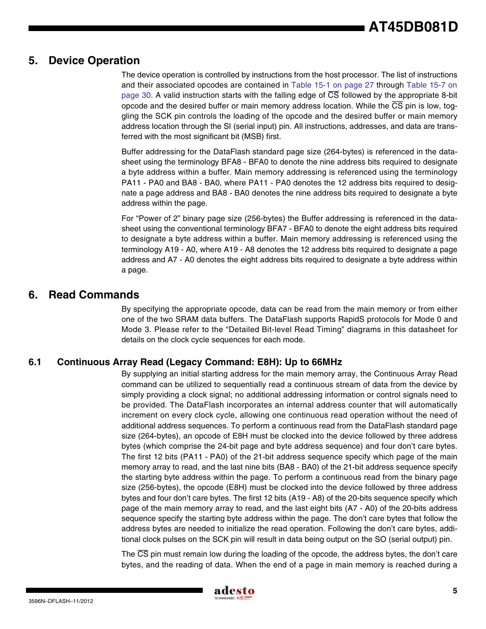 Device operation, Read commands | Rainbow Electronics AT45DB081D User Manual | Page 5 / 53