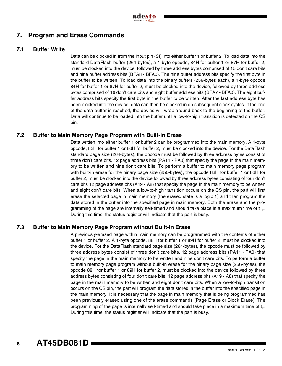 Program and erase commands, 1 buffer write | Rainbow Electronics AT45DB081D User Manual | Page 8 / 53