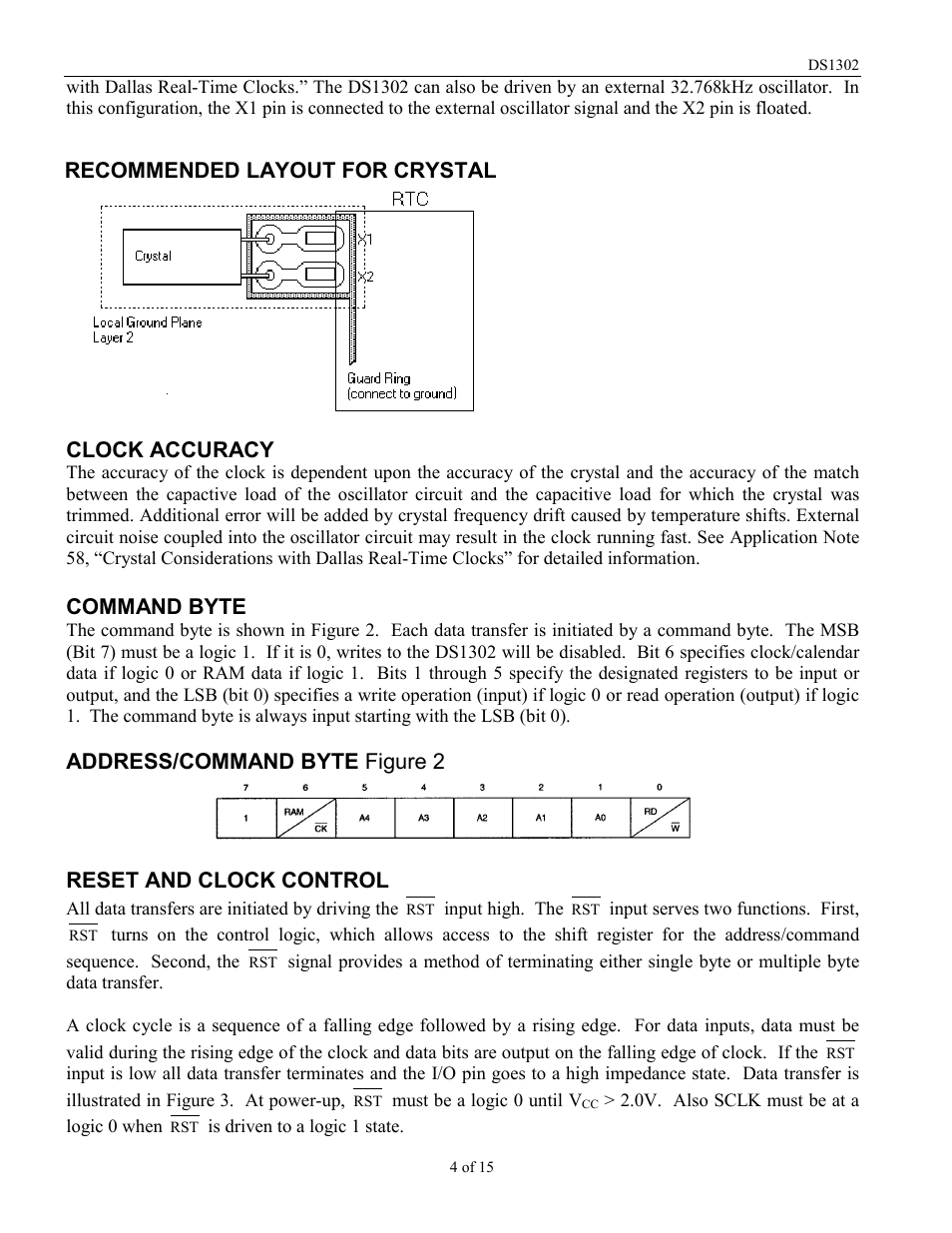 Clock accuracy, Command byte, Recommended layout for crystal | Rainbow Electronics DS1302 User Manual | Page 4 / 15