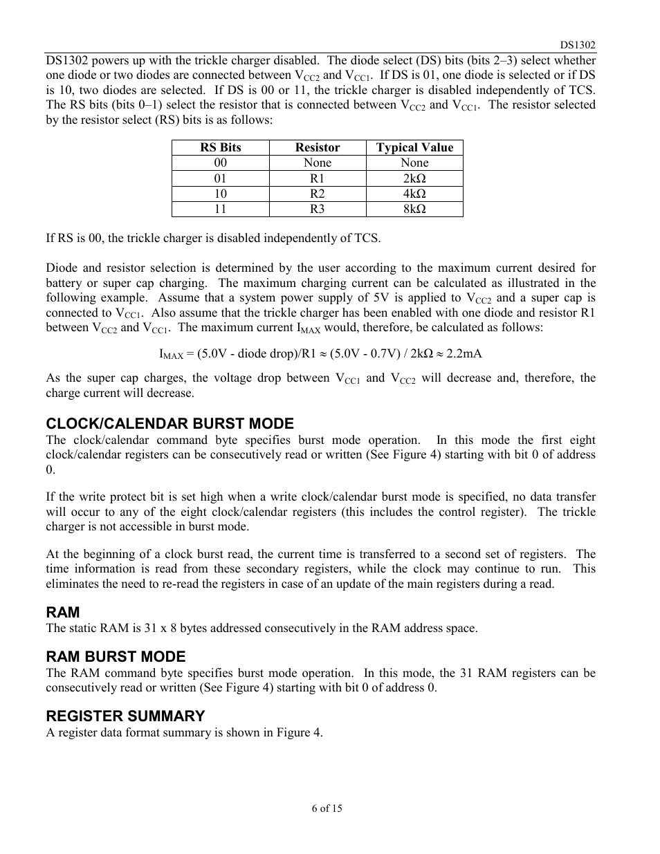 Clock/calendar burst mode, Ram burst mode, Register summary | Rainbow Electronics DS1302 User Manual | Page 6 / 15