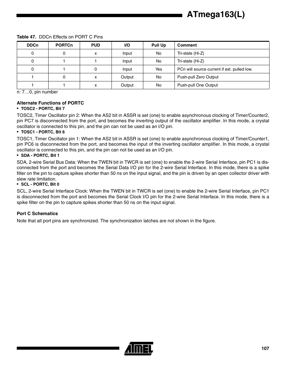 Alternate functions of portc, Port c schematics, Atmega163(l) | Rainbow Electronics ATmega163L User Manual | Page 107 / 156