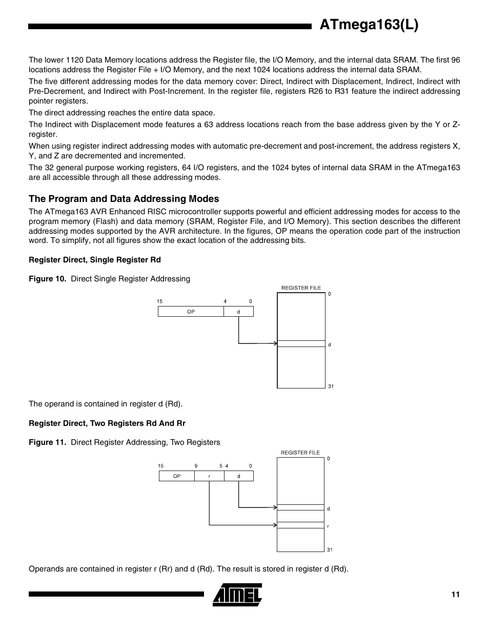 The program and data addressing modes, Register direct, single register rd, Register direct, two registers rd and rr | Atmega163(l) | Rainbow Electronics ATmega163L User Manual | Page 11 / 156