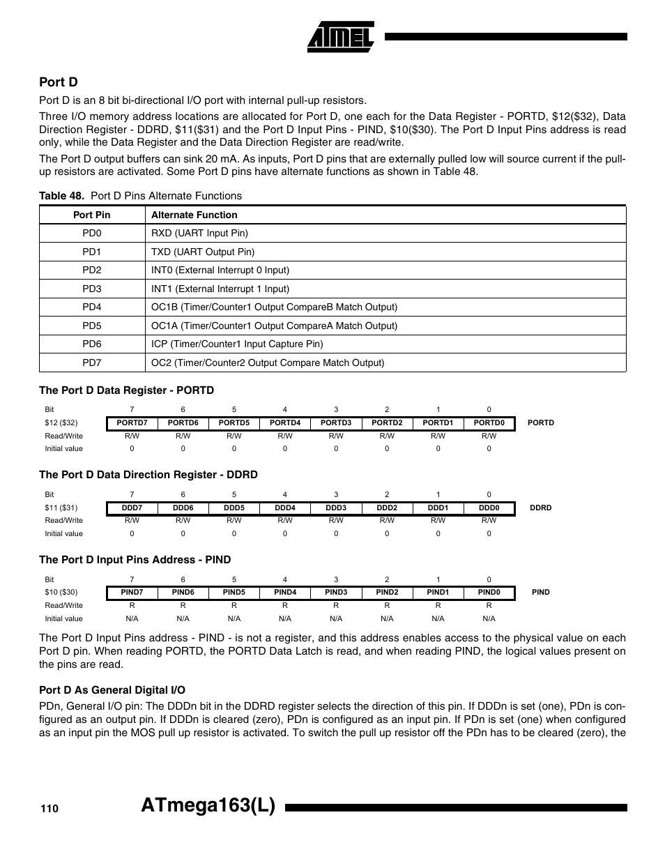 Port d, The port d data register - portd, The port d data direction register - ddrd | The port d input pins address - pind, Port d as general digital i/o, Atmega163(l) | Rainbow Electronics ATmega163L User Manual | Page 110 / 156