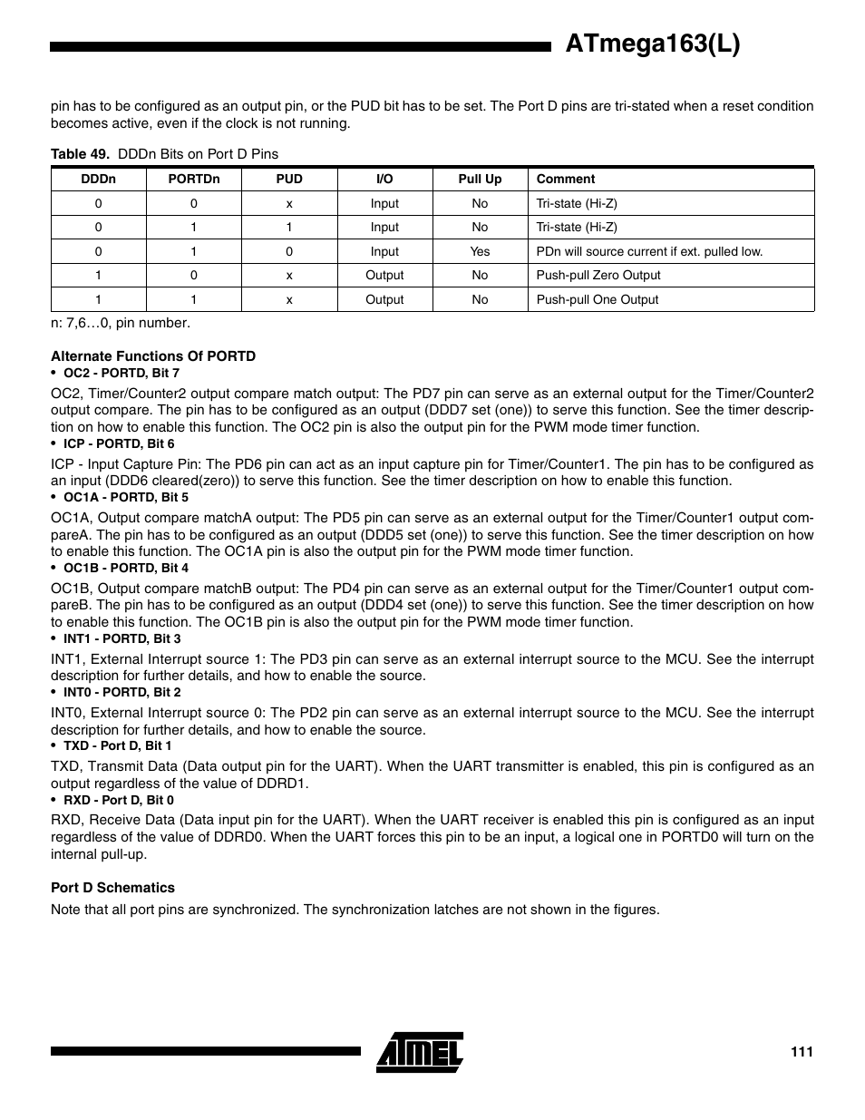 Alternate functions of portd, Port d schematics, Atmega163(l) | Rainbow Electronics ATmega163L User Manual | Page 111 / 156