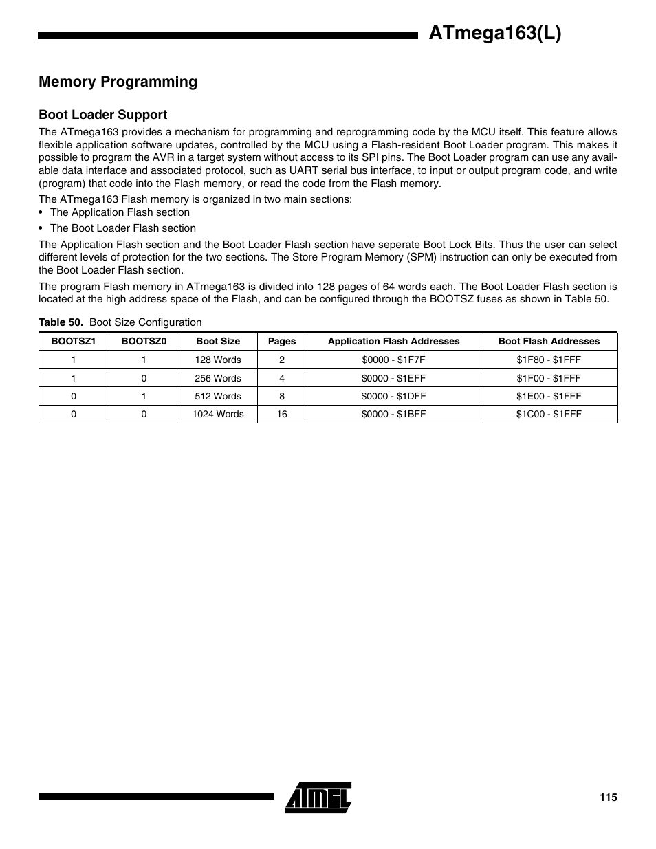 Memory programming, Boot loader support, Ee “boot loader sup | Atmega163(l) | Rainbow Electronics ATmega163L User Manual | Page 115 / 156