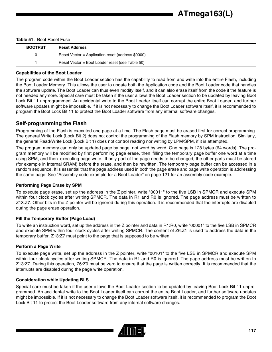 Capabilities of the boot loader, Self-programming the flash, Consideration while updating bls | Atmega163(l) | Rainbow Electronics ATmega163L User Manual | Page 117 / 156