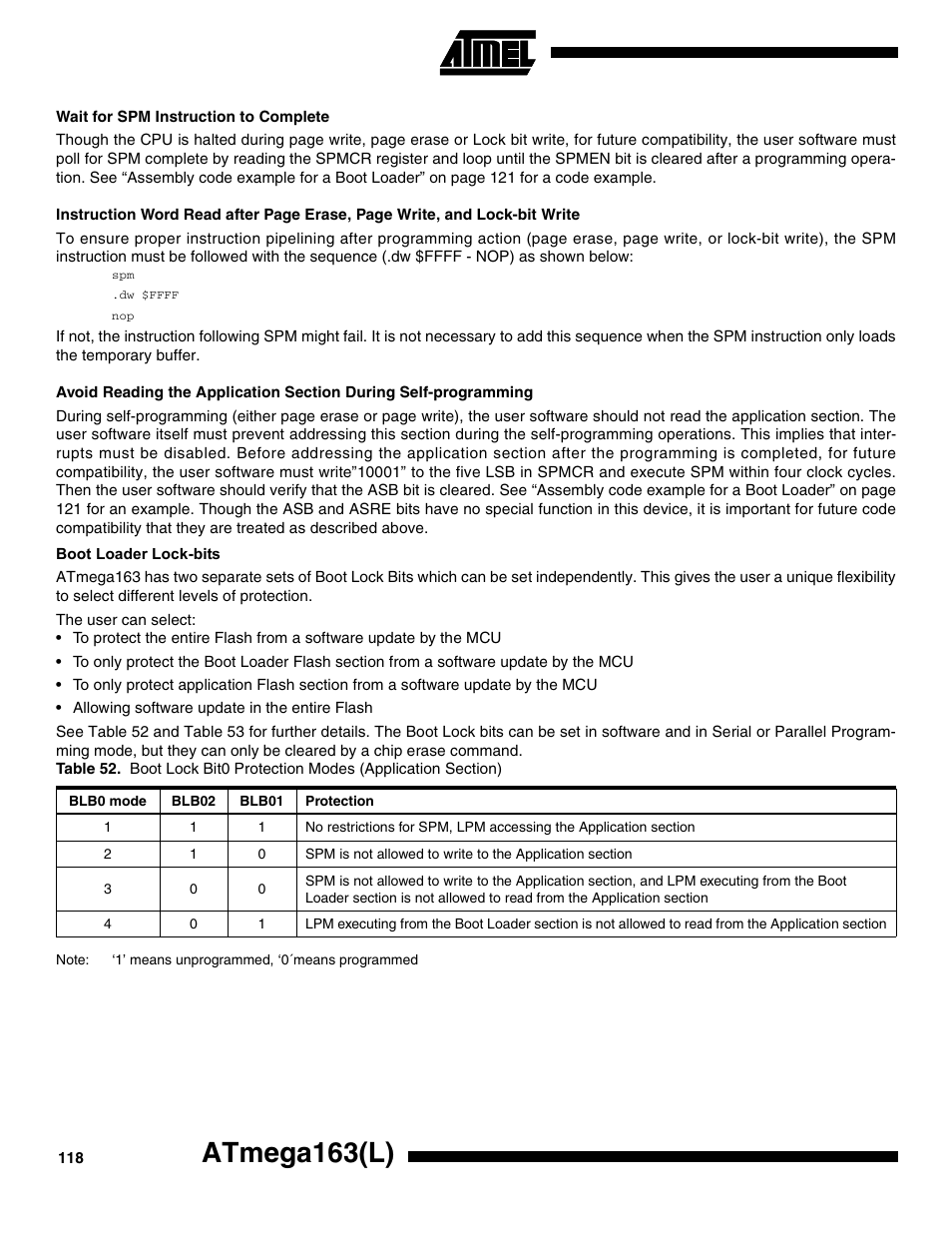 Wait for spm instruction to complete, Boot loader lock-bits, Atmega163(l) | Rainbow Electronics ATmega163L User Manual | Page 118 / 156