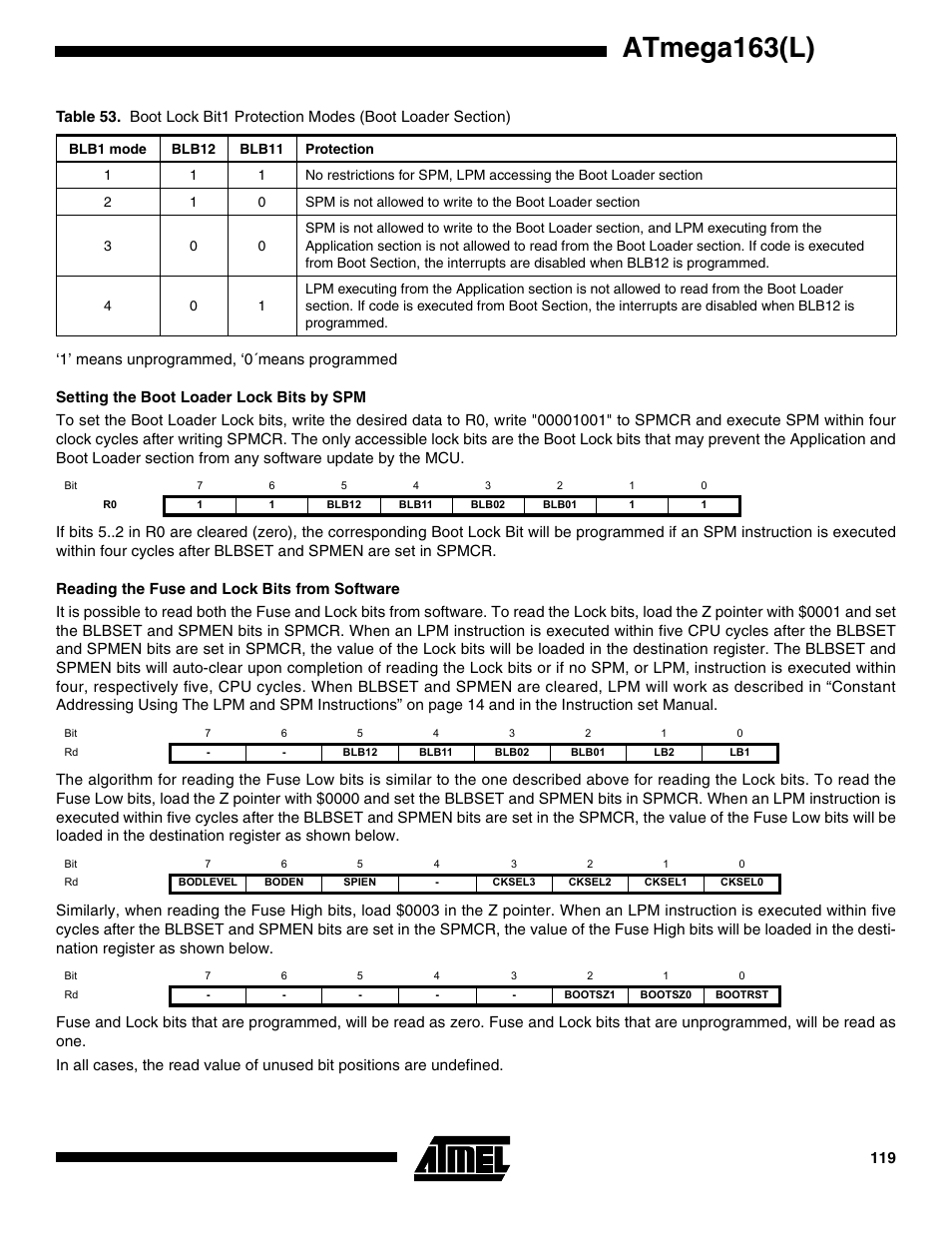 Setting the boot loader lock bits by spm, Reading the fuse and lock bits from software, Nd table 53 | Atmega163(l) | Rainbow Electronics ATmega163L User Manual | Page 119 / 156